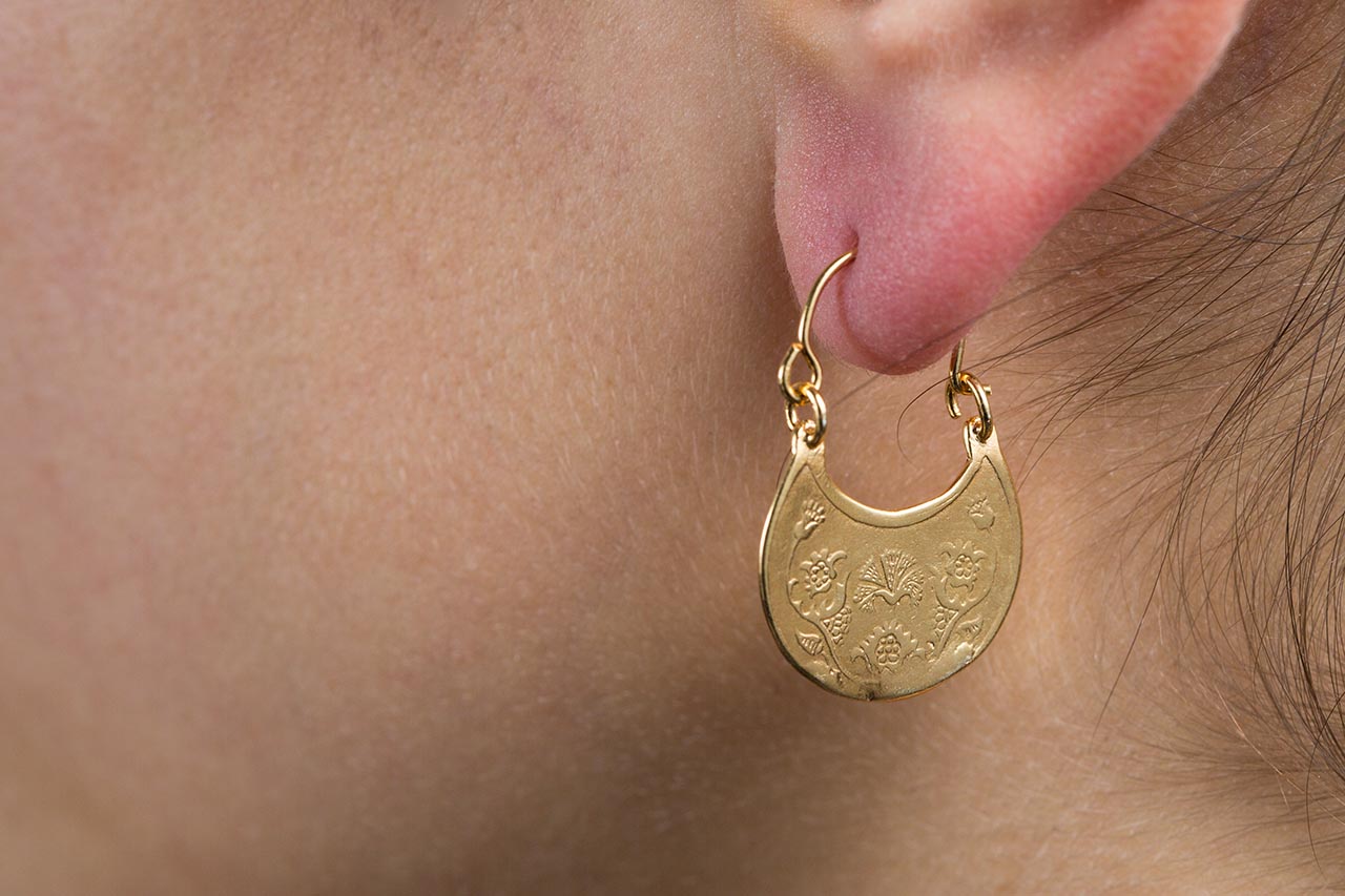 Χειροποίητοι Ασημένιοι Επίχρυσοι Βυζαντινοί Κρίκοι με Γαρύφαλλα και Πουλάκια Hand Made Sterling Silver Gold Plated Carnation-Bird Byzantine Hoops